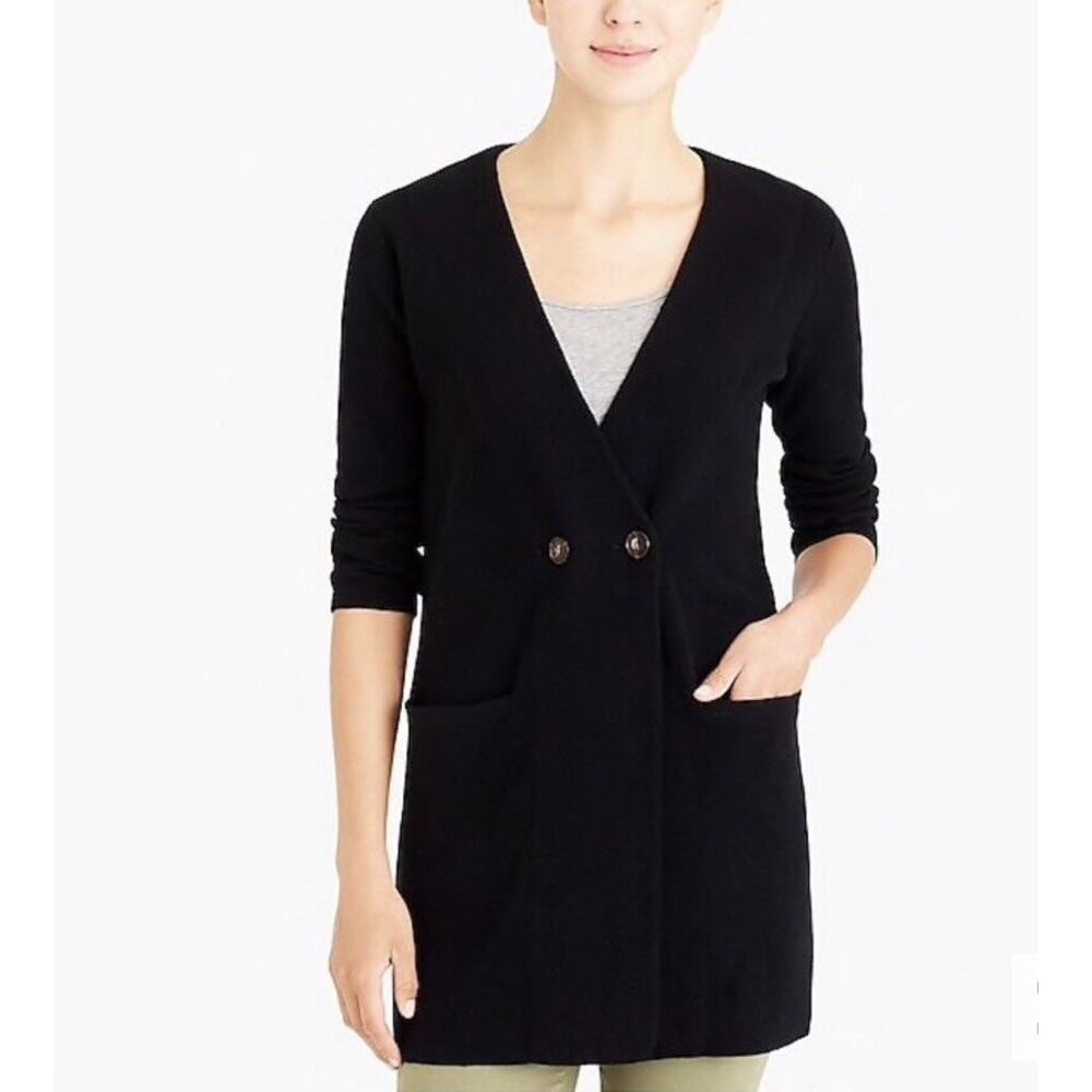 J.Crew Black Long Double Breasted Knit Collarless‎ Sweater Blazer Duster Large